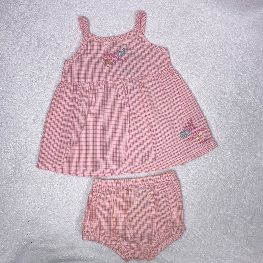Vintage Oshkosh sundress and bloomer pink orange plaid butterfly set 3/6m
